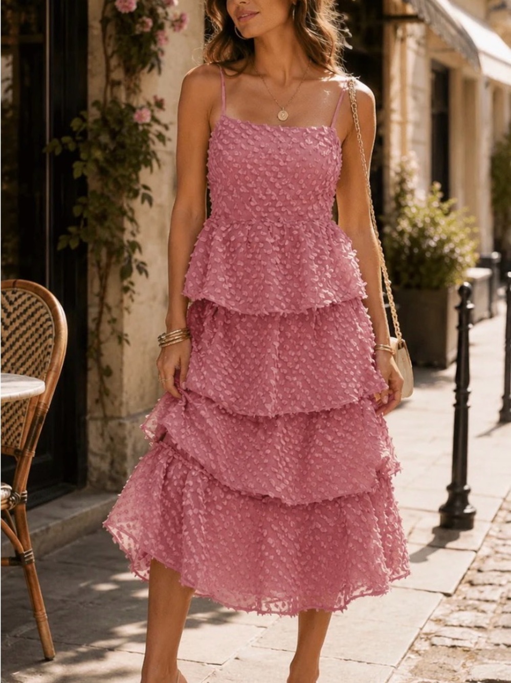 Tiered Pink Spaghetti-Strap Midi Dress
